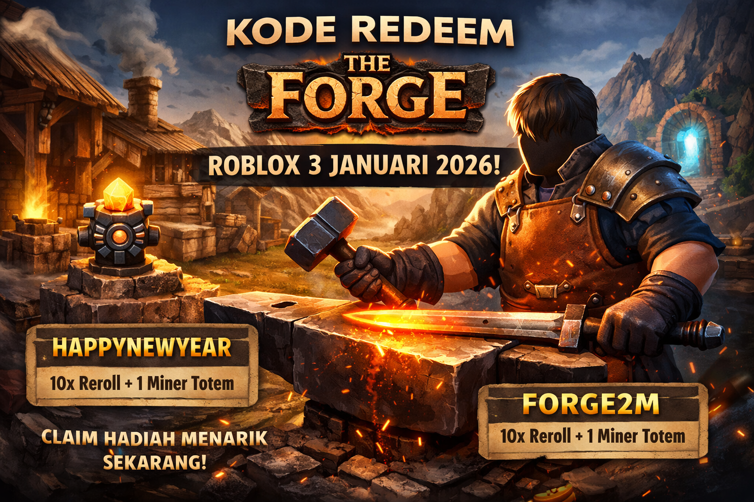 Kode Redeem The Forge Roblox 3 Januari 2026 Terbaru, Hadiah Reroll dan Miner Totem Masih Aktif